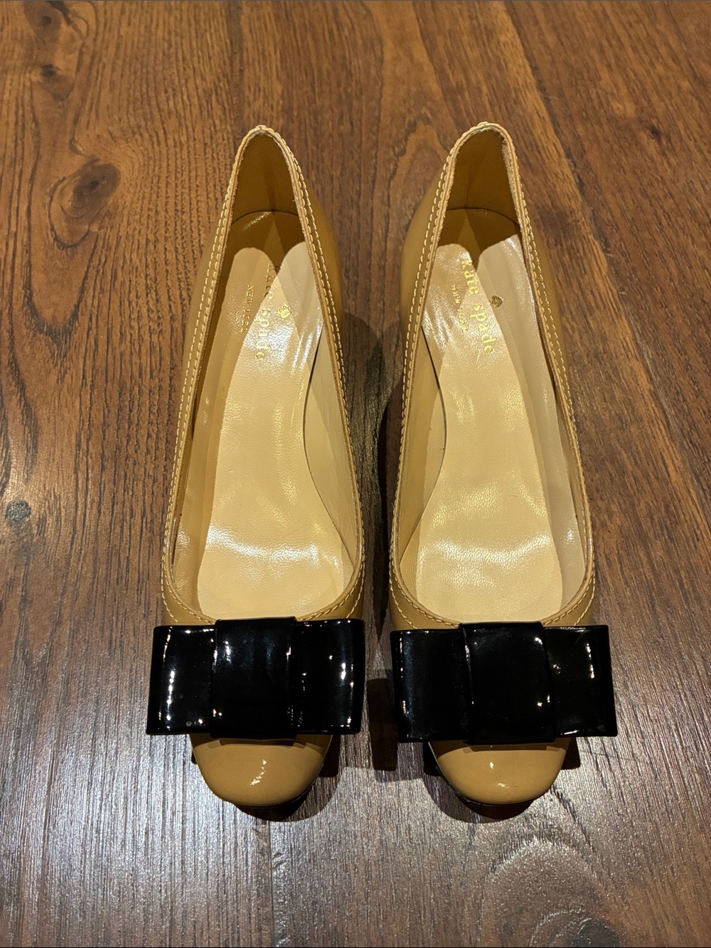 kate spade Tan Patent Leather Ballet with Black Patent Bow